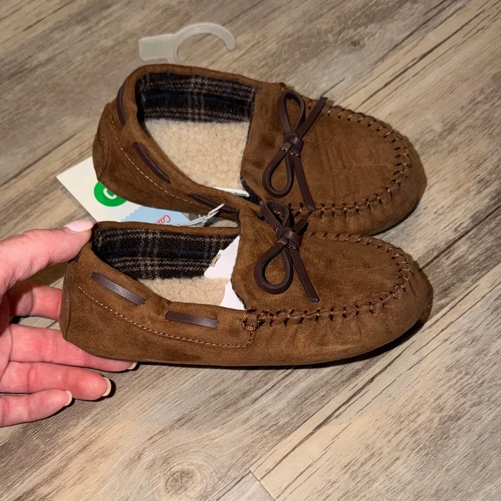 Cat & Jack Brown Suede Moccasin Slippers with Bow